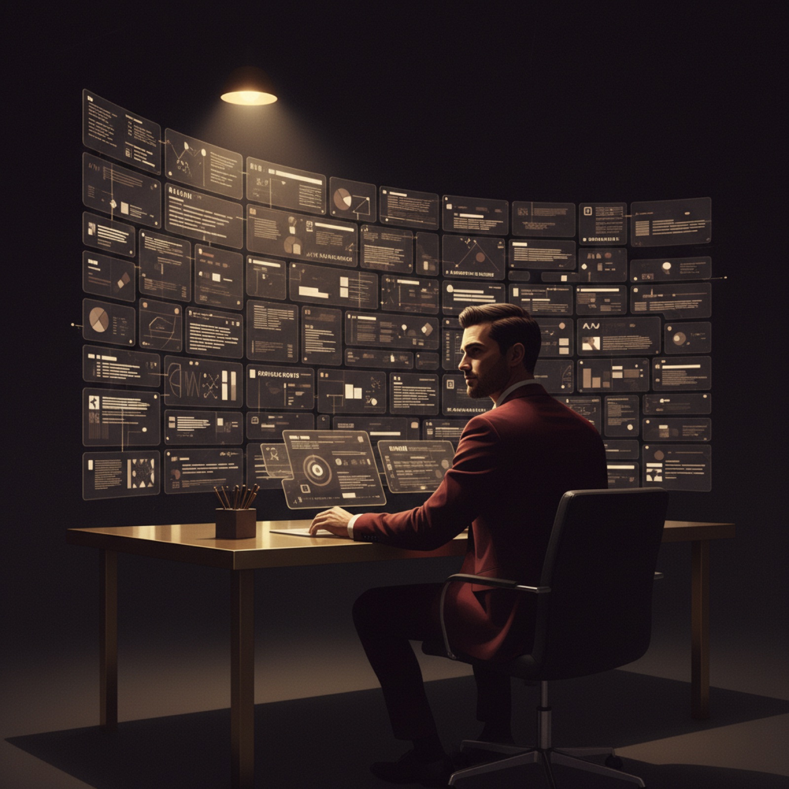 A single coach at a desk surrounded by a wall of client message threads, editorial dark composition with brass light catching one face