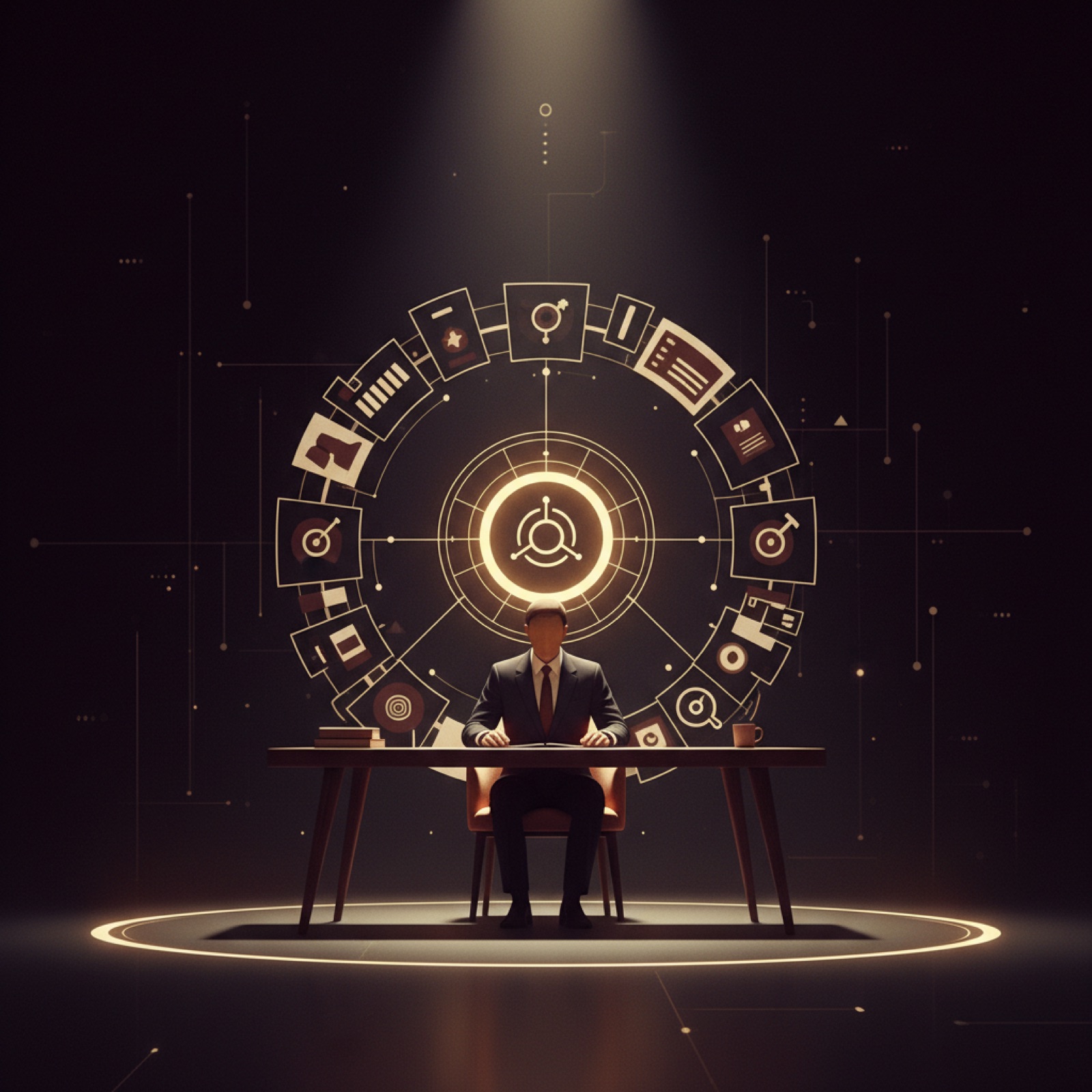A single coach at a desk surrounded by a connected ring of software tools merging into one branded app, editorial dark composition with brass light