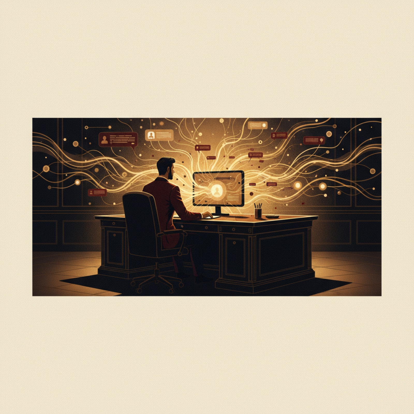 A coach at a desk with a glowing web of incoming client enquiries flowing in, editorial dark composition with brass light