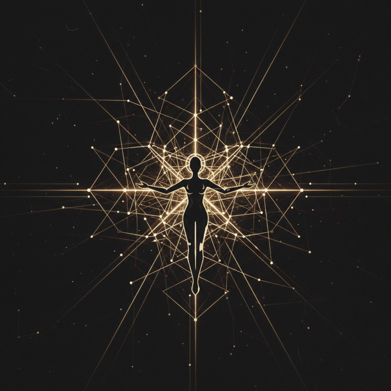 A single coach standing at the centre of a glowing network of client connections, editorial dark composition with brass light