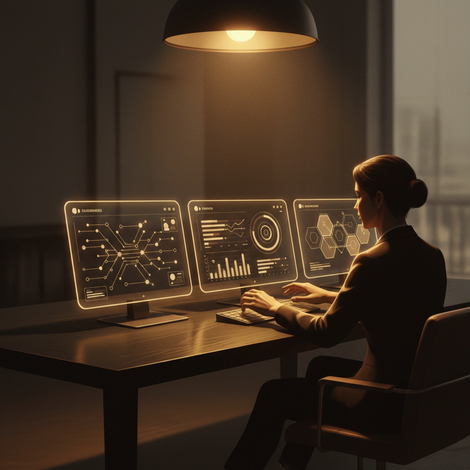 A coach reviewing several coaching app interfaces side by side on a dark desk, editorial composition with warm brass light